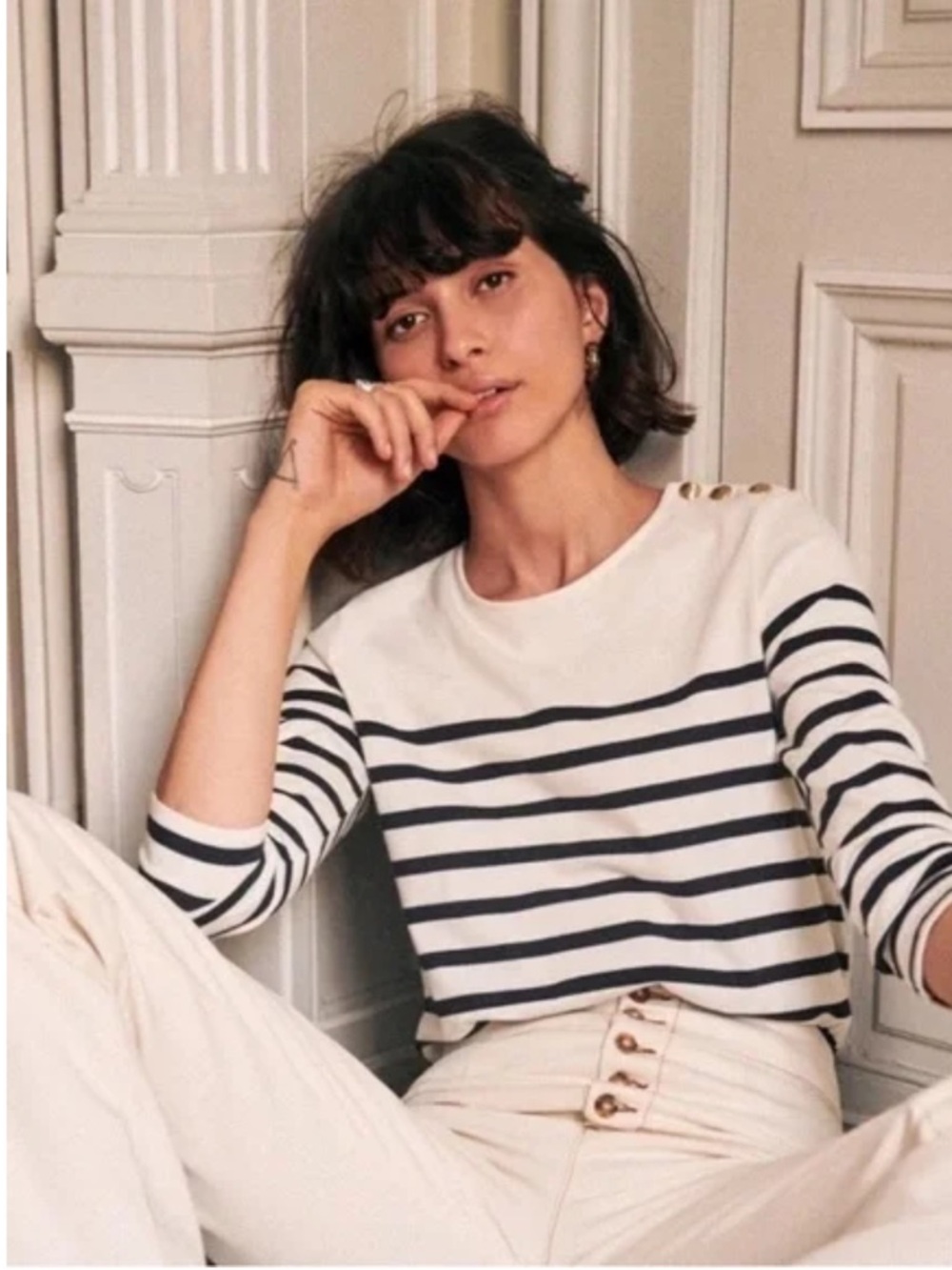 Sezane White and Navy Striped Long Sleeve Breton Top